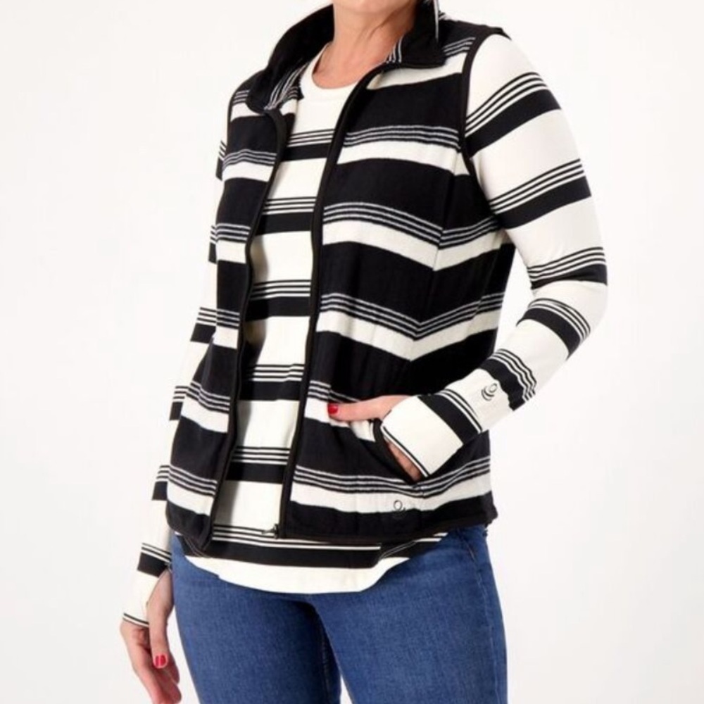 Cuddl Duds Women's Top XL Perfect Pair Fleecewear Vest Set Black White Stripe